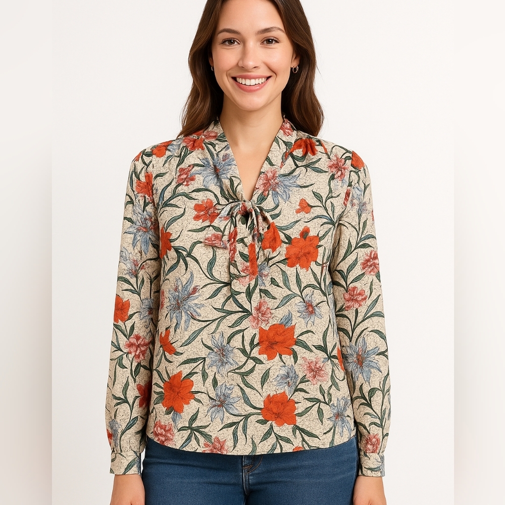 Harlyn Floral Tie Neck Blouse Long Sleeve Women's Size Medium